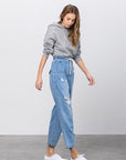Denim Lab USA Super High Waist Drawstring Ripped Slouch Jeans