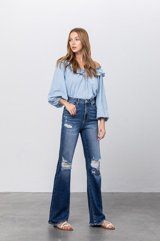 Denim Lab USA High Waist Ripped Flare Jeans