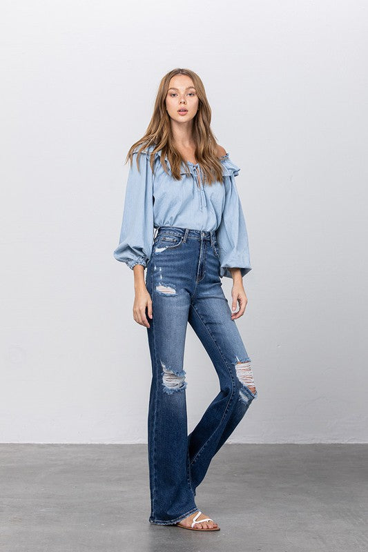 Denim Lab USA High Waist Ripped Flare Jeans