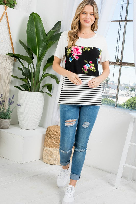 e Luna PLUS Floral Striped Mixed Top