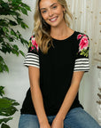 eluna Solid Strip Floral Mixed Twisted Front Top - Online Only