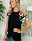 eluna Solid Strip Floral Mixed Twisted Front Top - Online Only