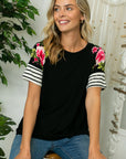 eluna Solid Strip Floral Mixed Twisted Front Top - Online Only