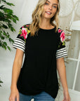 eluna Solid Strip Floral Mixed Twisted Front Top - Online Only