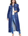 Women's Long Denim Jacket with Distressed Wash - Online Only