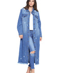 Women's Long Denim Jacket with Distressed Wash - Online Only