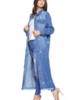 Women's Long Denim Jacket with Distressed Wash - Online Only