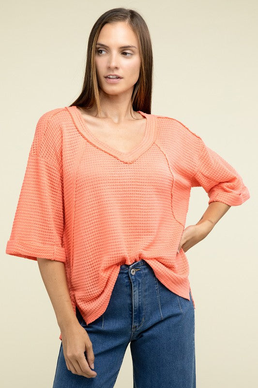 Zenana Brushed Waffle Exposed-Seam 3/4 Sleeve Top