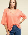 Zenana Brushed Waffle Exposed-Seam 3/4 Sleeve Top