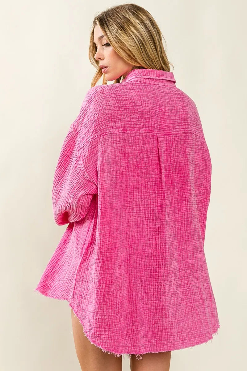 BiBi Raw Edge Detailed Mineral Washed Loose Fit Shirt in Fuchsia