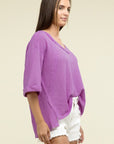 Zenana Brushed Waffle Exposed-Seam 3/4 Sleeve Top