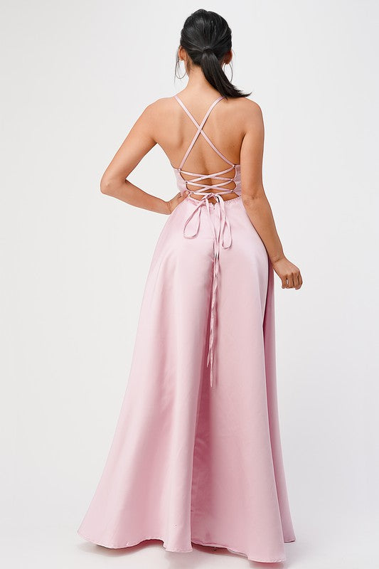 La Scala Open Side Back Spaghetti Tie Satin Gown