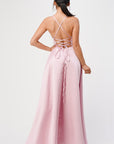 La Scala Open Side Back Spaghetti Tie Satin Gown