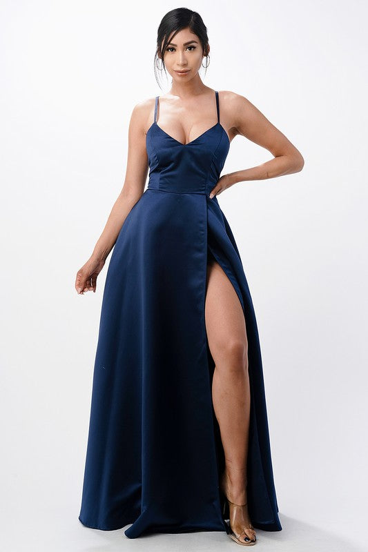 La Scala Open Side Back Spaghetti Tie Satin Gown