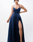 La Scala Open Side Back Spaghetti Tie Satin Gown