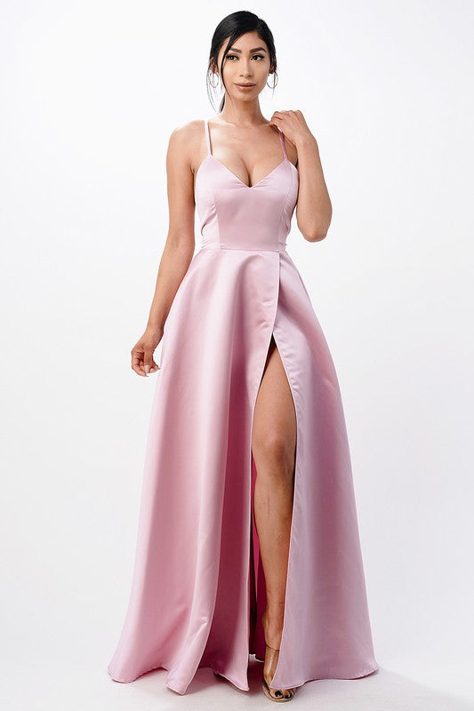 La Scala Open Side Back Spaghetti Tie Satin Gown