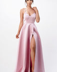 La Scala Open Side Back Spaghetti Tie Satin Gown