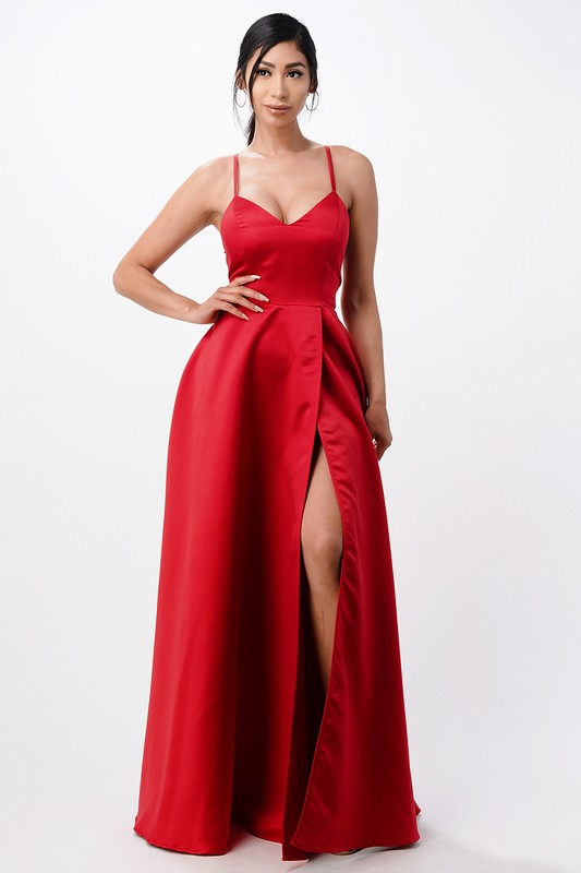 La Scala Open Side Back Spaghetti Tie Satin Gown