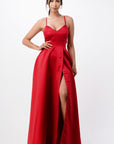 La Scala Open Side Back Spaghetti Tie Satin Gown