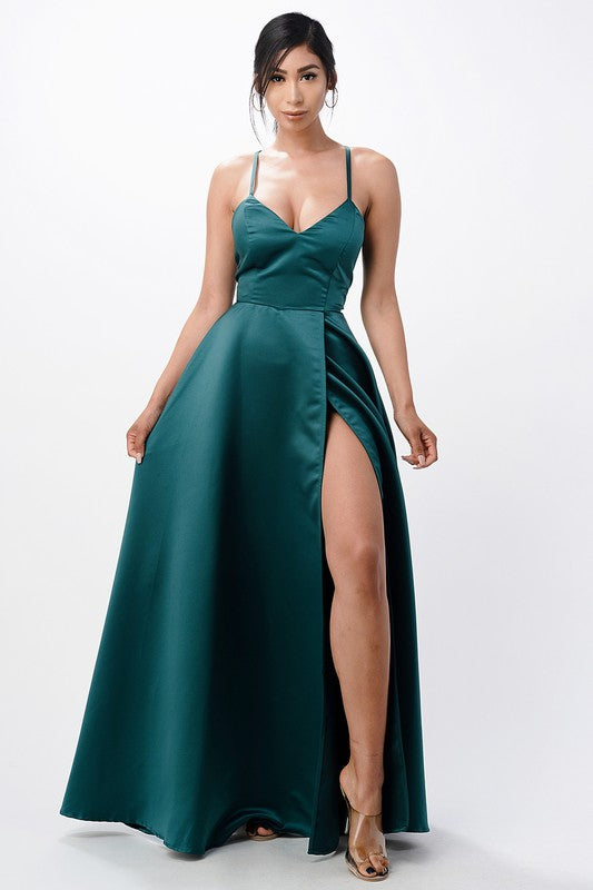 La Scala Open Side Back Spaghetti Tie Satin Gown