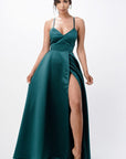 La Scala Open Side Back Spaghetti Tie Satin Gown