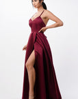 La Scala Open Side Back Spaghetti Tie Satin Gown