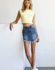 Denim Lab USA High Waist Long Frayed Hem Mini Denim Skirt