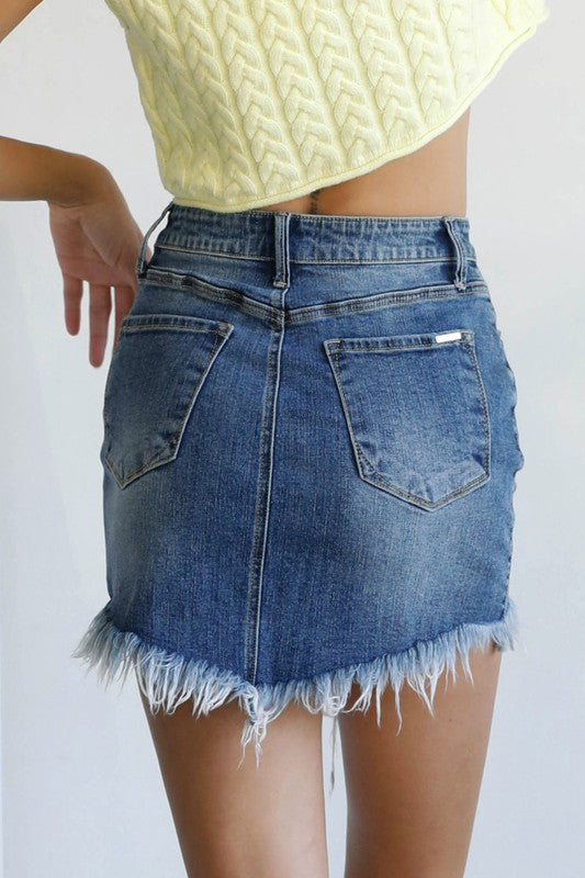 Denim Lab USA High Waist Long Frayed Hem Mini Denim Skirt