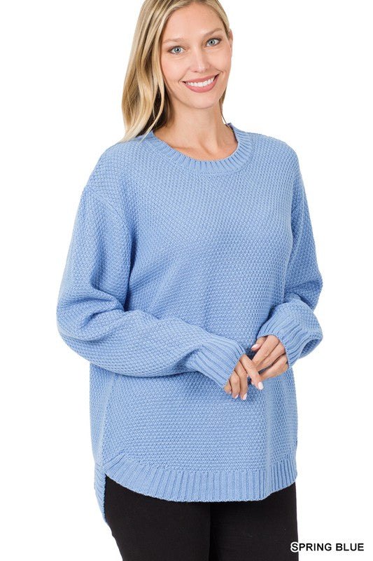 Zenana Hi Low Long Sleeve Round Neck Sweater - Online Only