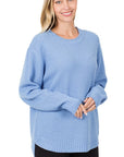 Zenana Hi Low Long Sleeve Round Neck Sweater - Online Only