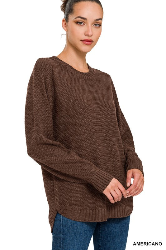 Zenana Hi Low Long Sleeve Round Neck Sweater - Online Only