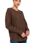 Zenana Hi Low Long Sleeve Round Neck Sweater - Online Only