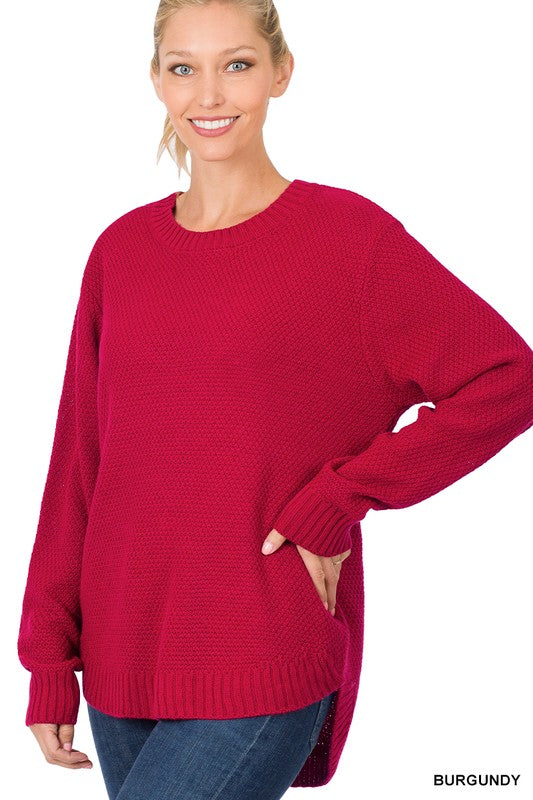 Zenana Hi Low Long Sleeve Round Neck Sweater - Online Only