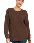 Zenana Hi Low Long Sleeve Round Neck Sweater - Online Only