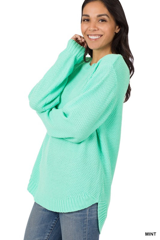 Zenana Hi Low Long Sleeve Round Neck Sweater - Online Only