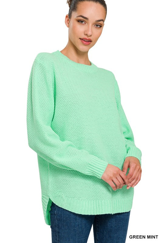 Zenana Hi Low Long Sleeve Round Neck Sweater - Online Only