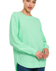 Zenana Hi Low Long Sleeve Round Neck Sweater - Online Only