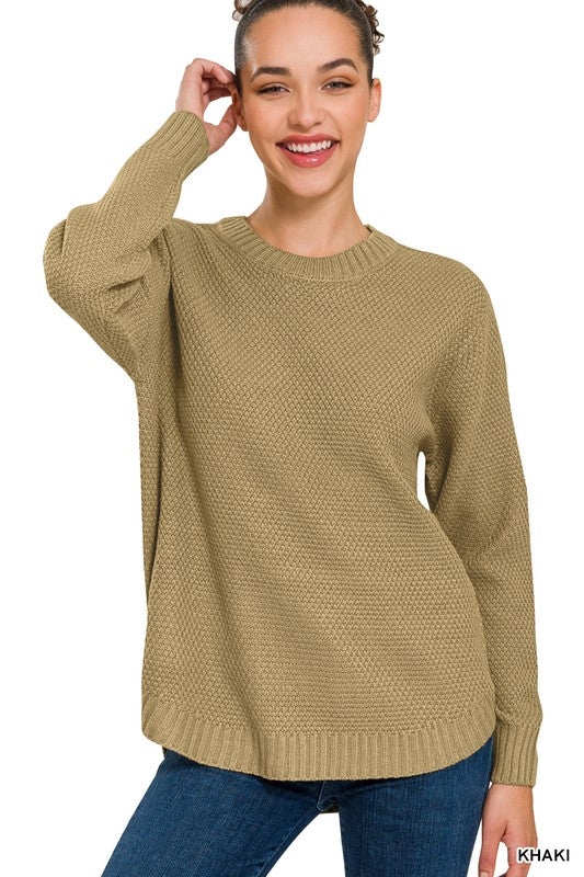 Zenana Hi Low Long Sleeve Round Neck Sweater - Online Only