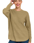 Zenana Hi Low Long Sleeve Round Neck Sweater - Online Only