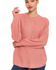 Zenana Hi Low Long Sleeve Round Neck Sweater - Online Only