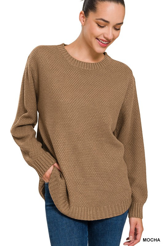 Zenana Hi Low Long Sleeve Round Neck Sweater - Online Only