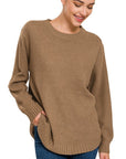 Zenana Hi Low Long Sleeve Round Neck Sweater - Online Only