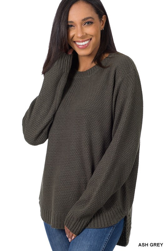 Zenana Hi Low Long Sleeve Round Neck Sweater - Online Only