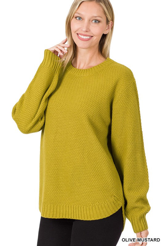 Zenana Hi Low Long Sleeve Round Neck Sweater - Online Only