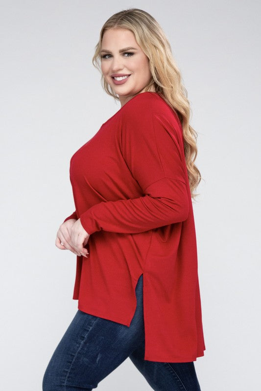 Zenana Plus Dolman Sleeve V-Neck Side Slit Hi-Low Hem Top