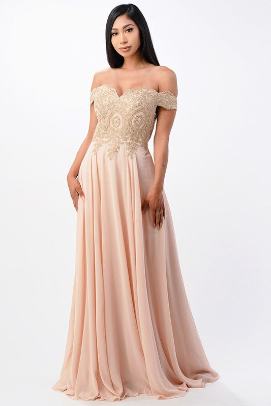 La Scala PLUS Off Shoulder Chiffon Gown with Applieques