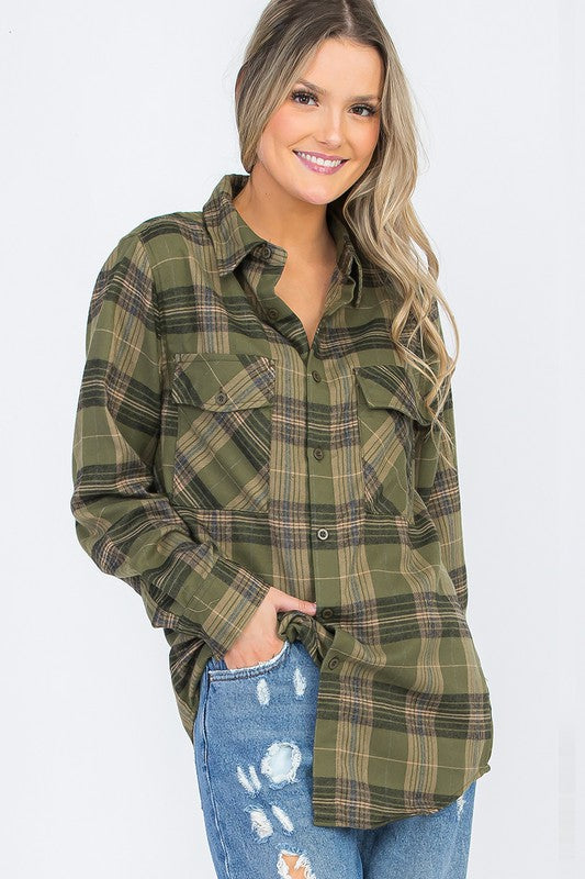 Womens Long Sleeve Checkered Boyfriend Flannel