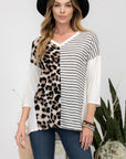 Celeste Full Size Front Leopard and Striped Print V-Neck T-Shirt