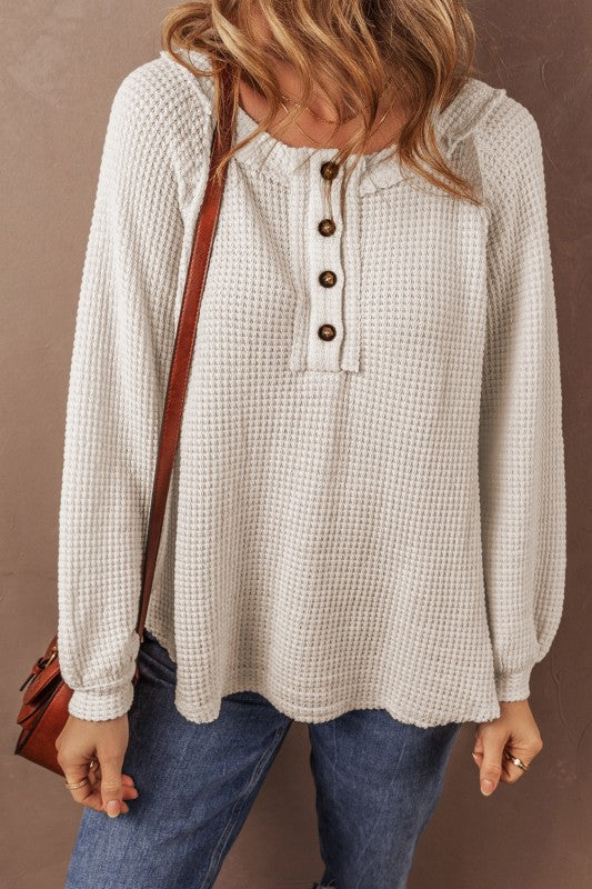Waffle Knit Buttoned Front Raglan Sleeve Blouse