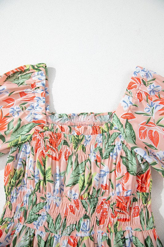 Apricot Pink Floral Knot Front Smocked Bubble Slee